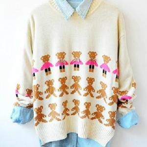 Cute Beige Bear Print Sweater