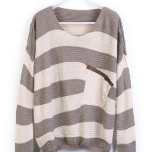 Loose Grey Striped Sweater With Pocket