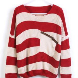 Loose Red Striped Sweater With Pocket