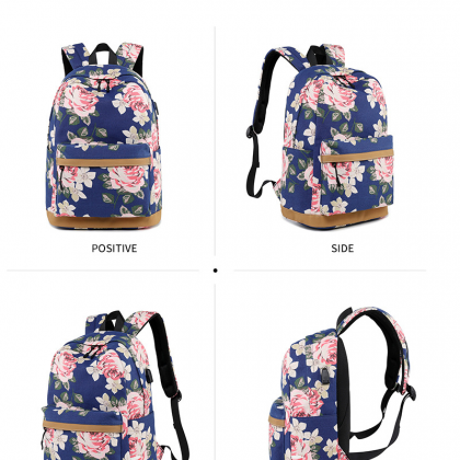 Floral Print Computer Canvas Waterproof Backpack,..