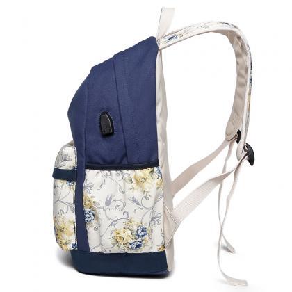 Floral Print Canvas Waterproof Backpack,..