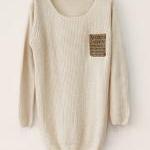 Beige Loose Leather Packet Sweater