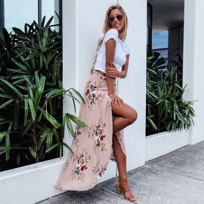 Floral Print Wrap Maxi Skirt Featuring High Slit and Tying Sash