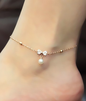 Studded Bow Tie Anklet With Pearl