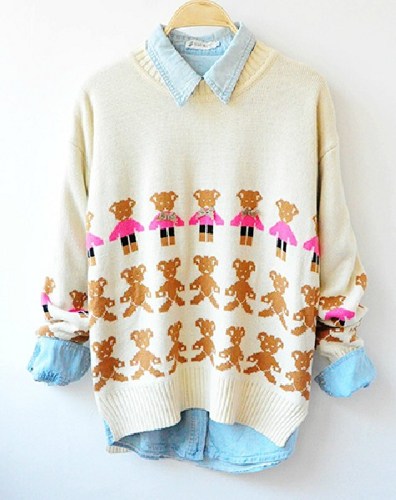 Cute Beige Bear Print Sweater