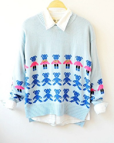 Cute Blue Bear Print Sweater