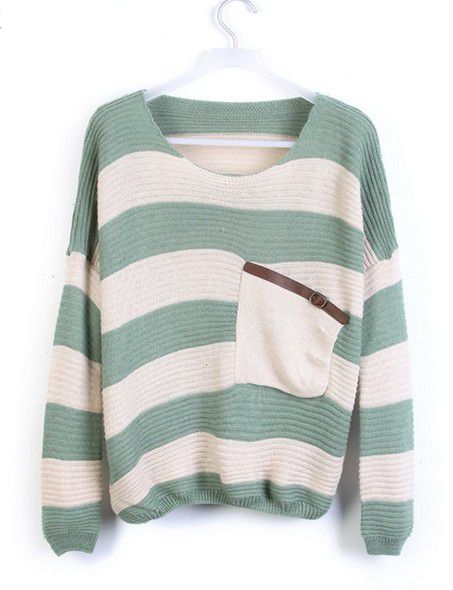 Loose Green Striped Sweater With Pocket