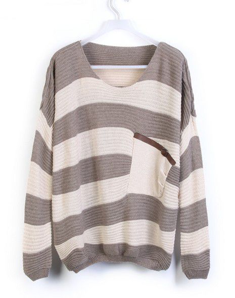 Loose Grey Striped Sweater With Pocket