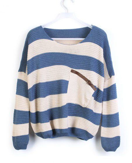 Loose Blue Striped Sweater With Pocket