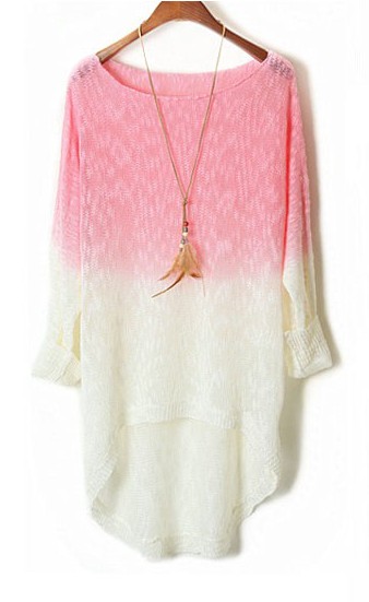Pink Color Gradient Batwing Sleeve Irregular Sweaters For Women