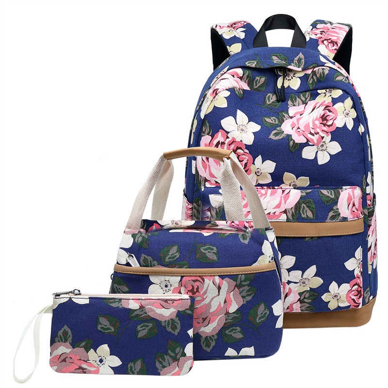 Floral Print Computer Canvas Waterproof Backpack, Student Canvas School Bag With Usb Interface, Multifunctional, 3 Bags In 1 Set