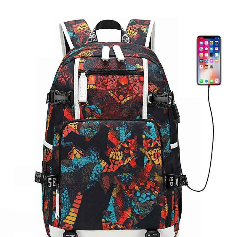 Waterproof Canvas Student School Bag, Large Capacity Thick Geometric Backpack With Usb Interface