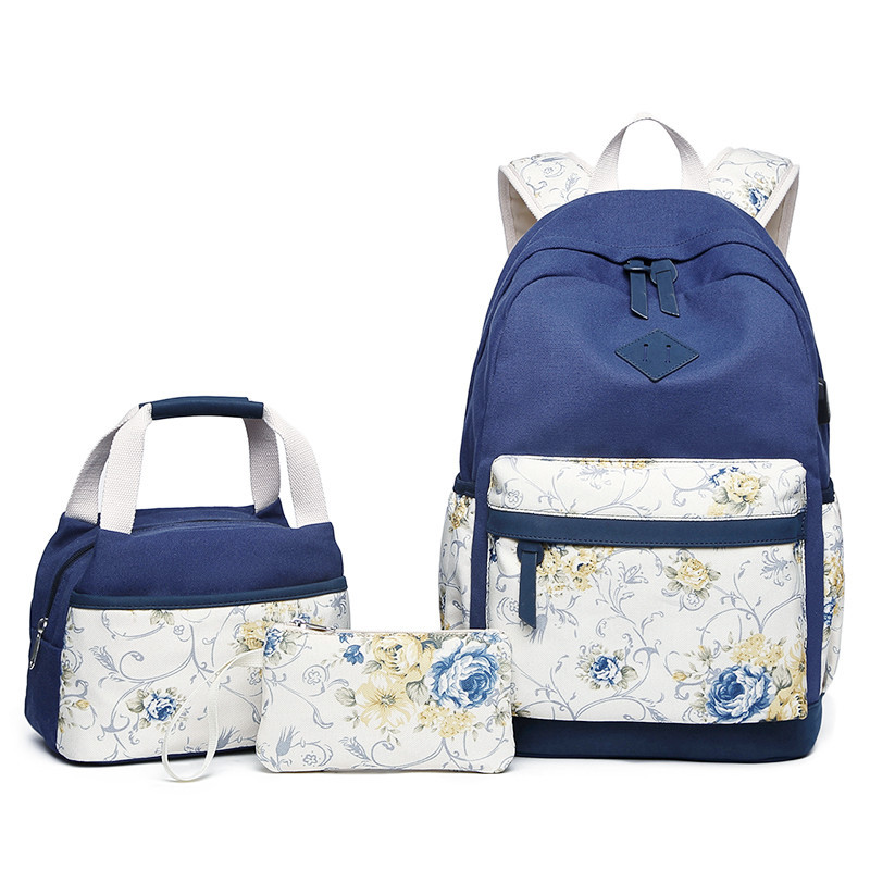 Floral Print Canvas Waterproof Backpack, Large-capacity Student School Bag, Computer Backpack, Shoulder Bag, Wallet Three-in-one Set