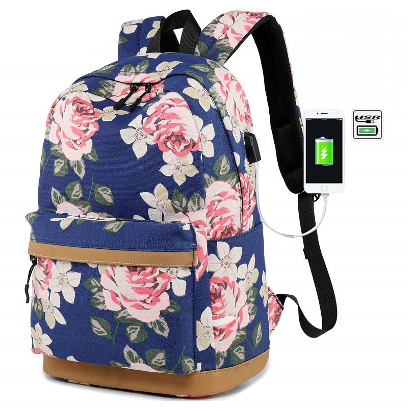 Canvas Backpack, School Bag With Floral Pattern, Leisure Outdoor Backpack Thick Waterproof Computer Bag