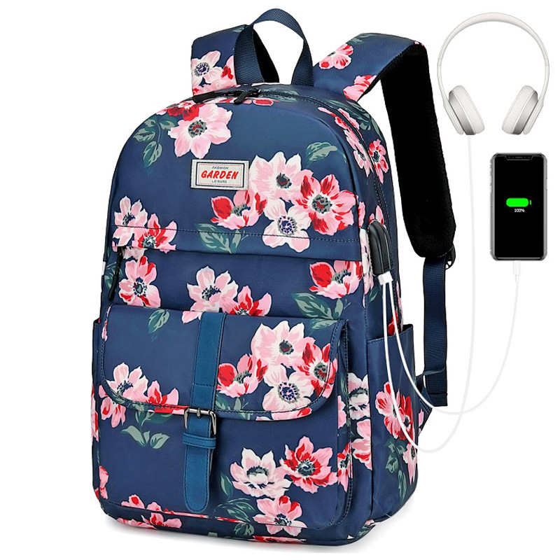 Waterproof Canvas Large Capacity Floral Print Computer Backpack, Outdoor Travel Bag, Student School Bag With Usb Charging Port