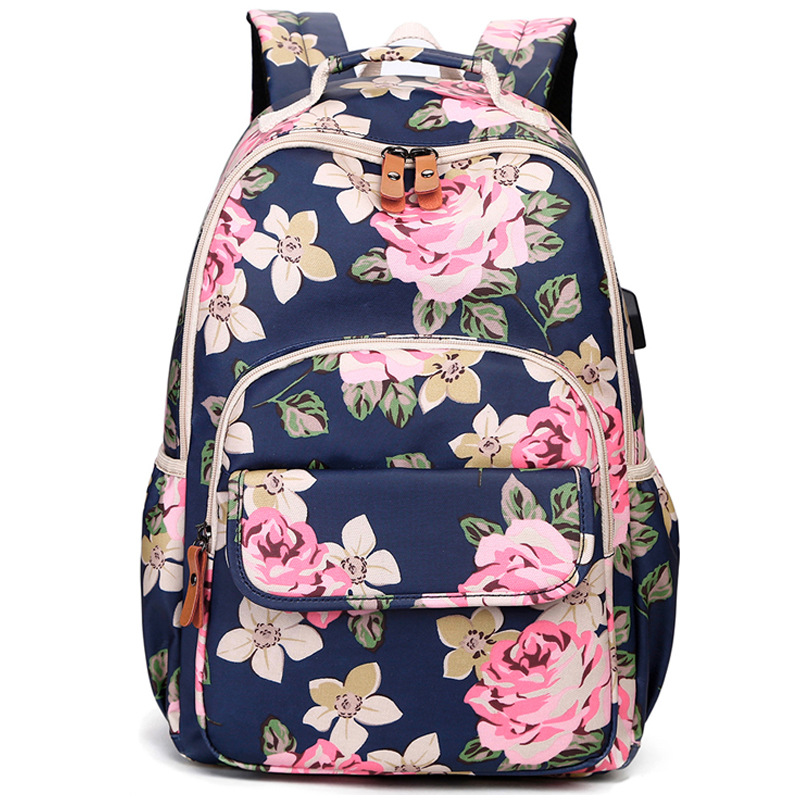 Waterproof Canvas Large Capacity Floral Print Computer Backpack, Outdoor Travel Bag, Student School Bag With Usb Charging Port