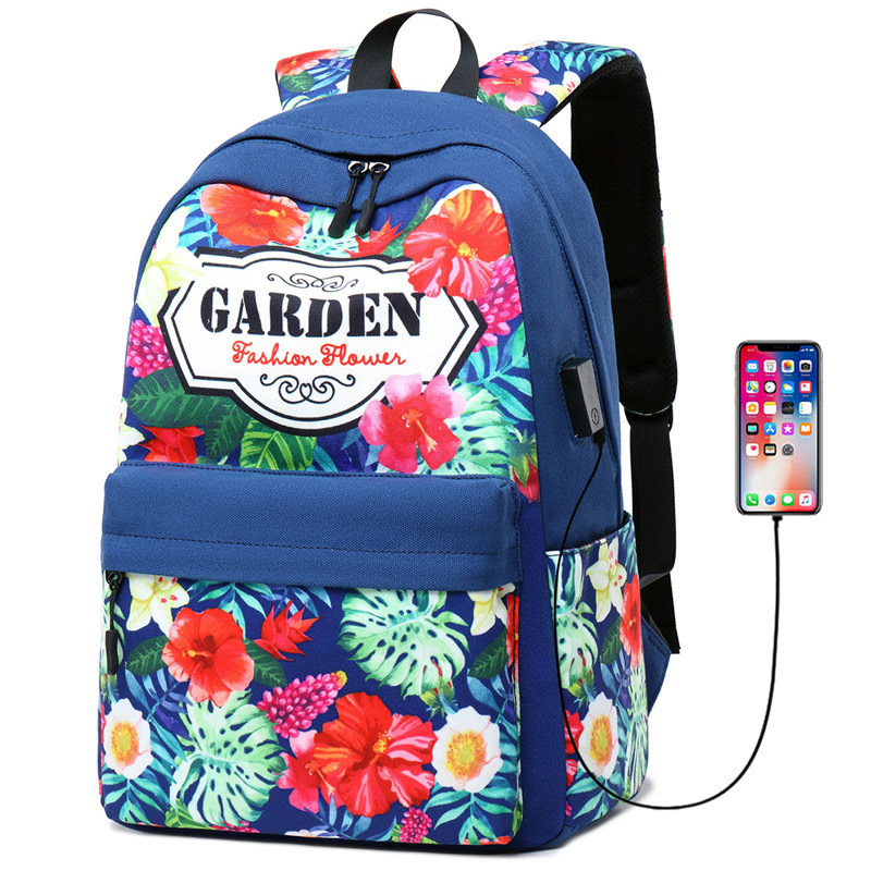 Waterproof Canvas Large Capacity Floral Print Computer Backpack, Outdoor Travel Bag, Student Bag With Usb Charging Port