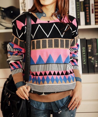 Pink Loose Geometric Patterns Sweater