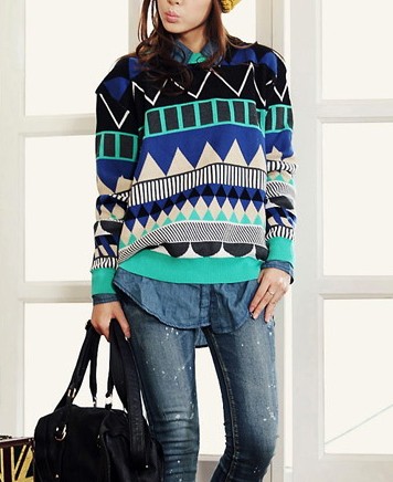 Blue Loose Geometric Patterns Sweater