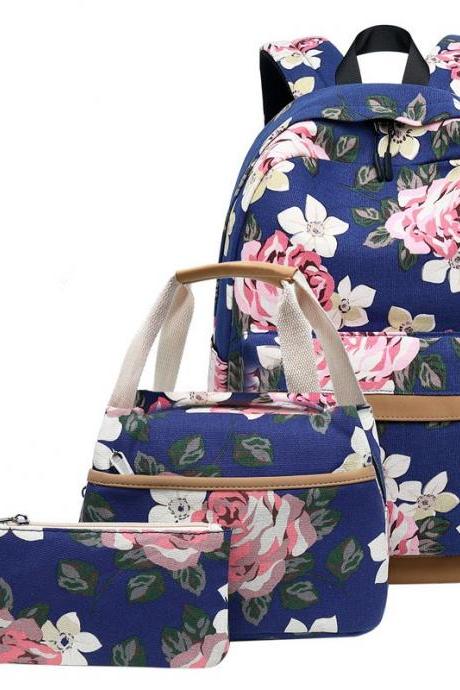 Floral print computer canvas waterproof backpack, student canvas school bag with USB interface, multifunctional, 3 bags in 1 set