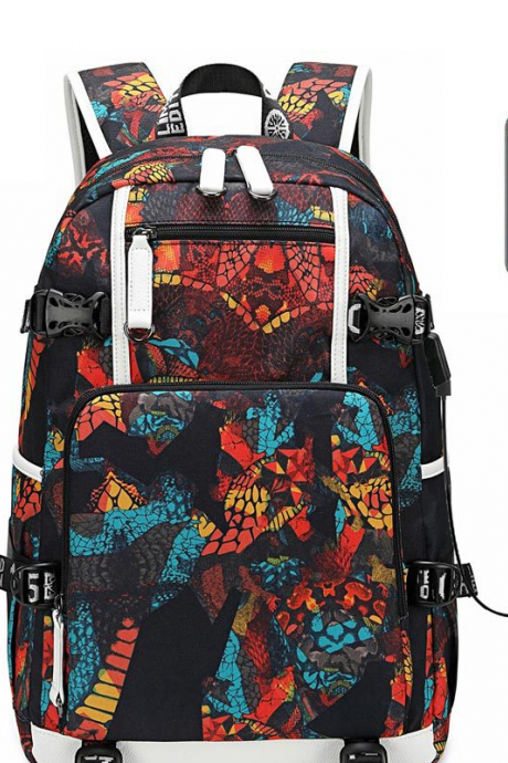 Waterproof canvas student school bag, large capacity thick geometric backpack with USB interface