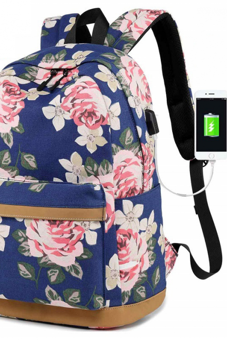 New canvas backpack, school bag with floral pattern, leisure outdoor backpack Thick waterproof computer bag