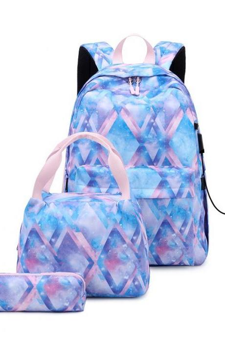 Waterproof canvas large capacity colorful computer backpack outdoor travel bag, student school bag with USB charging port, 3 bags in 1 set