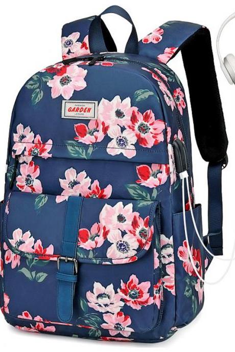 Waterproof canvas large capacity floral print computer backpack, outdoor travel bag, student school bag with USB charging port