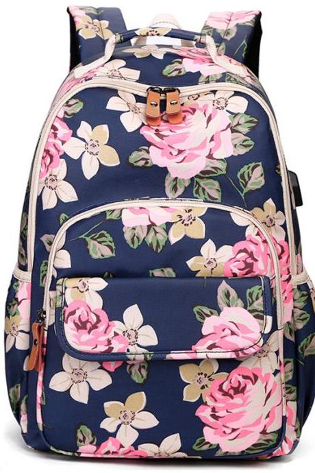 Waterproof canvas large capacity floral print computer backpack, outdoor travel bag, student school bag with USB charging port