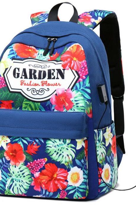 Waterproof canvas large capacity floral print computer backpack, outdoor travel bag, student bag with USB charging port