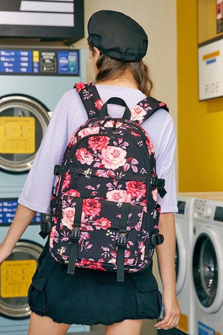 Waterproof canvas large capacity floral print computer backpack, outdoor travel bag, student school bag