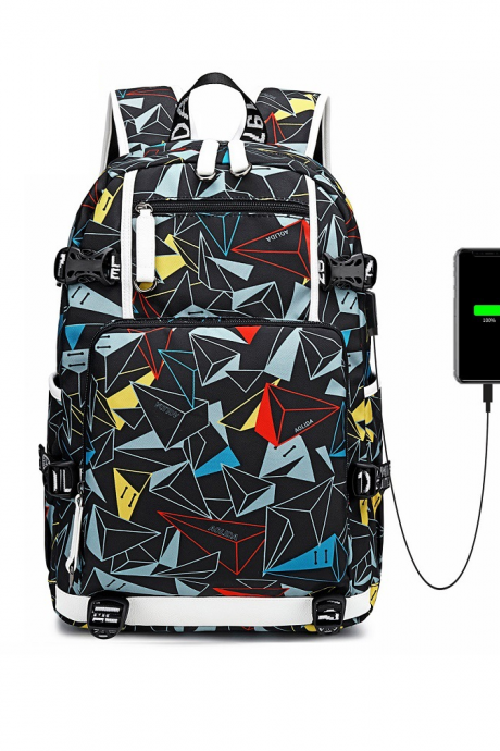 Waterproof canvas large capacity geometric print computer backpack, outdoor travel bag, student school bag with USB charging port