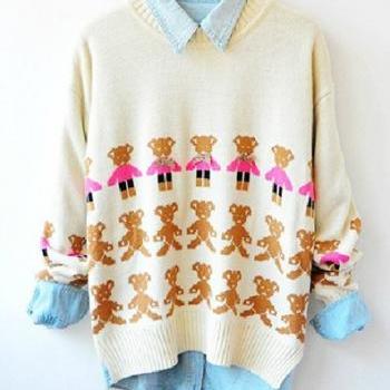 Cute Beige Bear Print Sweater on Luulla